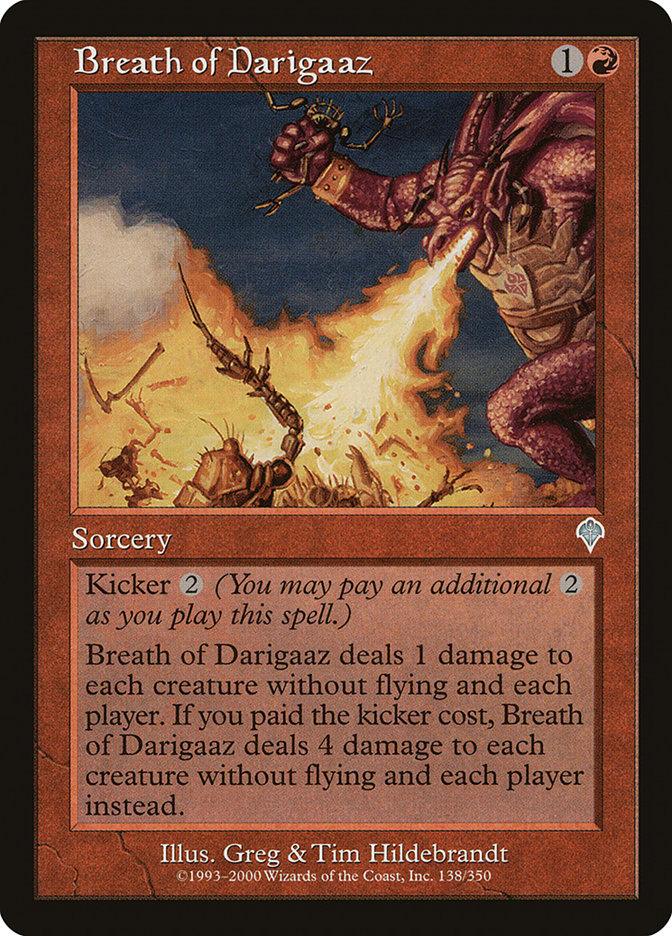 The image showcases a Breath of Darigaaz [Invasion] Magic: The Gathering card. It is an orange-bordered sorcery card depicting a dragon breathing fire. The text box details its effects: 1 damage to each creature and player, or 4 damage if the kicker cost is paid.