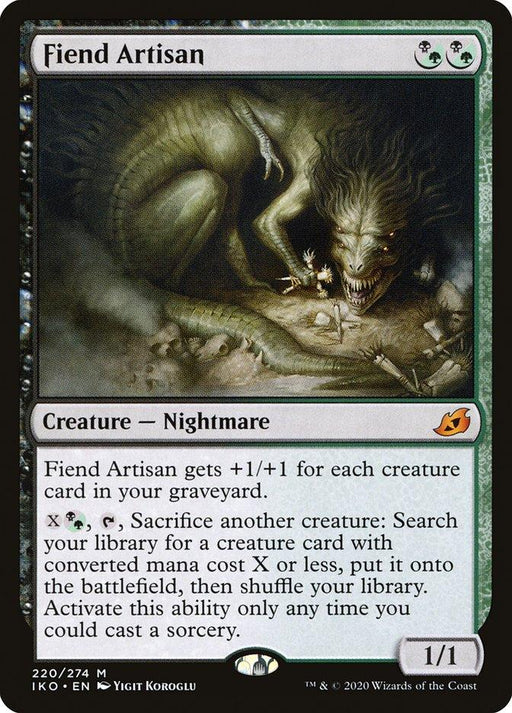 Image of a Magic: The Gathering card called Fiend Artisan [Ikoria: Lair of Behemoths]. The art shows a sinister Creature — Nightmare with multiple limbs working in a dark, eerie environment. It's a 1/1 creature with the ability to gain power and search for creatures in your library.