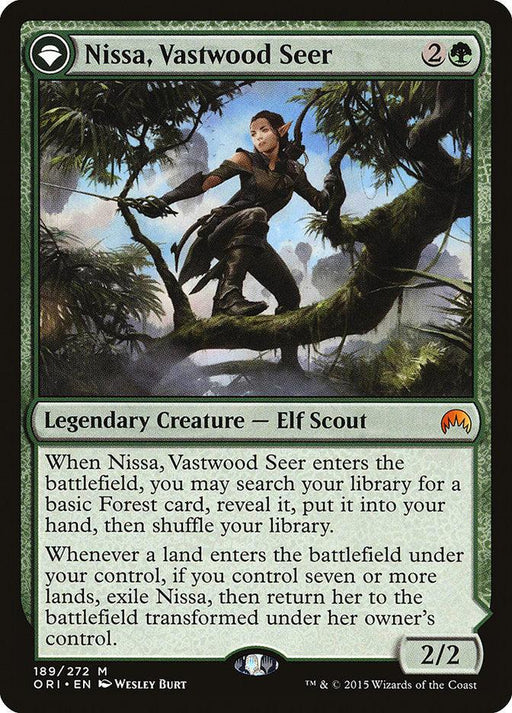 A Magic: The Gathering card from Magic Origins, featuring Nissa, Vastwood Seer // Nissa, Sage Animist [Magic Origins]. This Legendary Creature is depicted as an elf scout perched in a tree. The card has green borders and contains text describing Nissa's abilities. With stats of 2/2, it also features the set and artist information at the bottom.