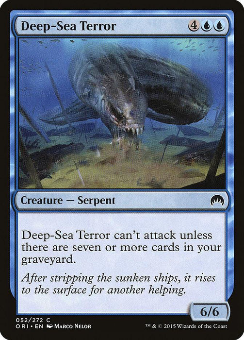 An image of a Magic: The Gathering card titled "Deep-Sea Terror [Magic Origins]" from Magic: The Gathering. It depicts a massive, menacing Creature Serpent swimming among sunken ships. The card's mana cost is 4 colorless, 2 blue, and it has a power/toughness of 6/6. The text says it can't attack unless there are seven or more cards in your