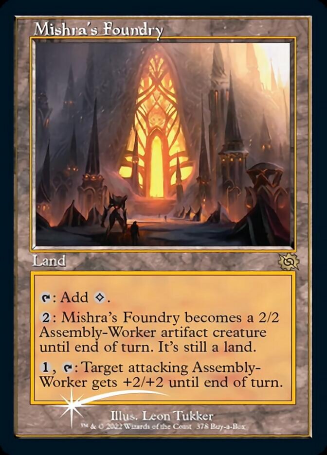 A fantastical depiction of a card from Magic: The Gathering, "Mishra's Foundry (Retro) (Buy-a-Box) [The Brothers' War]," a land card from The Brothers' War. The illustration features a glowing structure with ornate details and robotic sentinels. It has abilities related to becoming and empowering Assembly-Worker artifact creatures.