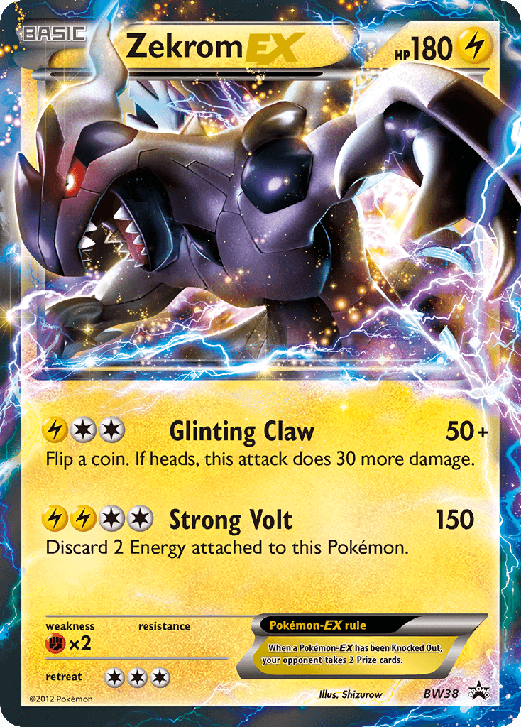 The image displays a Pokémon Zekrom EX card (BW38) from the Black & White: Black Star Promos, featuring a dragon-like creature with black armor and electric sparks against a Lightning-themed backdrop. This card includes 180 HP and offers moves such as 