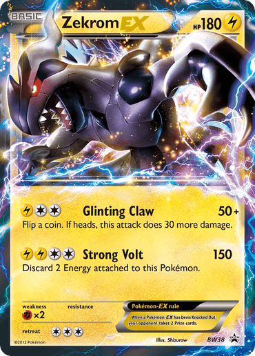 The image displays a Pokémon Zekrom EX card (BW38) from the Black & White: Black Star Promos, featuring a dragon-like creature with black armor and electric sparks against a Lightning-themed backdrop. This card includes 180 HP and offers moves such as "Glinting Claw" and "Strong Volt," complying with the Pokémon-EX rules.