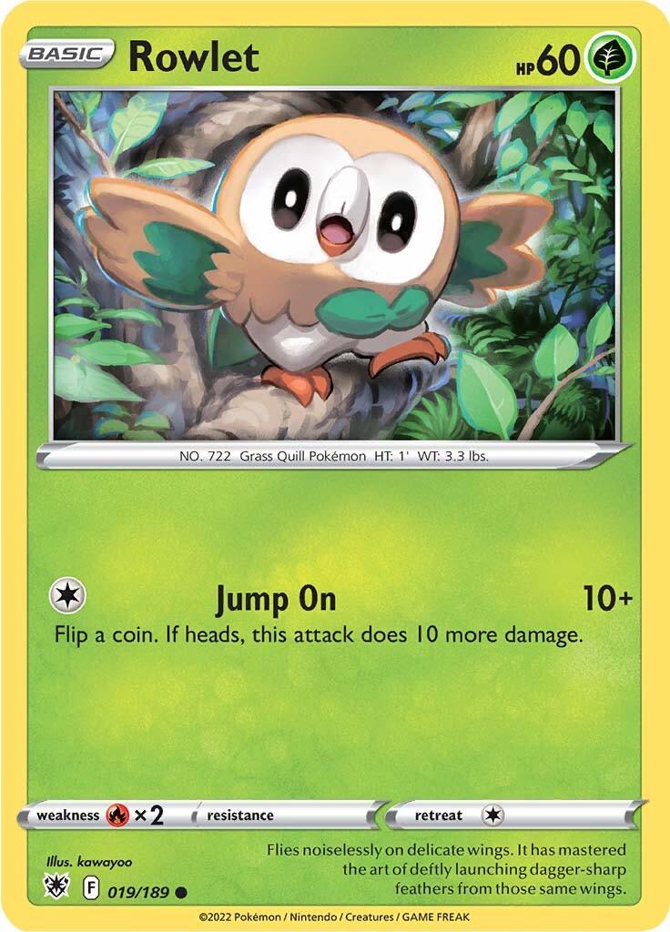 The Rowlet card, from the Pokémon Sword & Shield: Astral Radiance series, highlights this small, round Grass-type creature adorned with green leaves around its neck. The card features Rowlet, perched on a tree branch with big eyes, showcasing 60 HP and including details for the move 