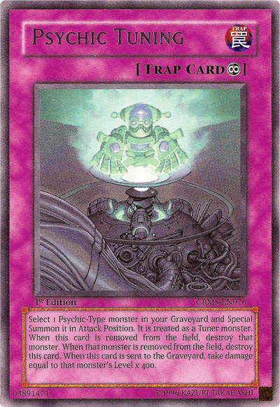 The image showcases a "Yu-Gi-Oh!" trading card named "Psychic Tuning [CRMS-EN076] Rare" from the Crimson Crisis set. This Continuous Trap Card, adorned with artwork of a robotic figure with a glowing green brain seated on a complex machine, details its effects on Psychic-Type monsters with energy crackling around it.