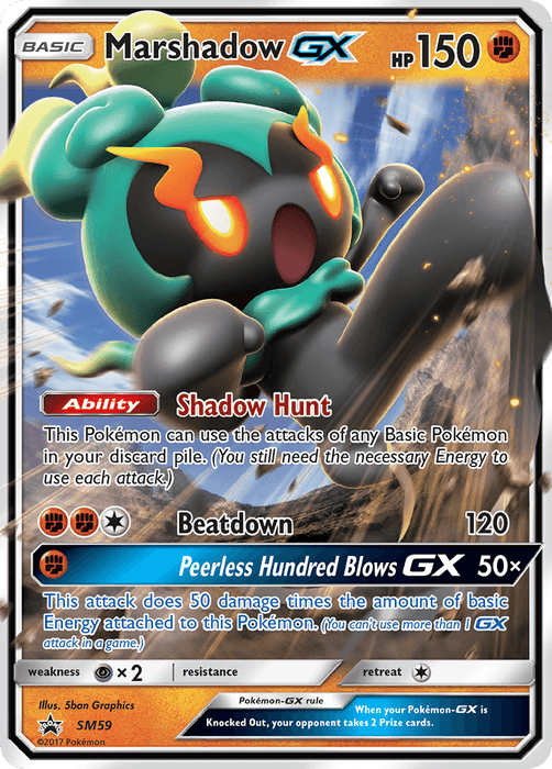 A Pokémon trading card featuring Marshadow GX (SM59) [Sun & Moon: Black Star Promos] from the Pokémon series. Marshadow is depicted with red glowing eyes, green highlights around its head, and a shadowy black body. It has 150 HP and is part of the Black Star Promo set. The card details its abilities, including "Shadow Hunt" and "Peerless Hundred Blows GX.