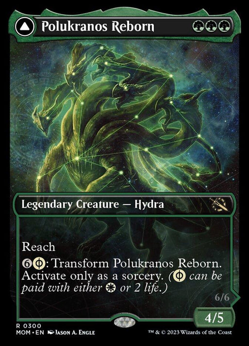 A Magic: The Gathering card titled "Polukranos Reborn // Polukranos, Engine of Ruin (Showcase Planar Booster Fun) [March of the Machine]" features a legendary green Hydra against a cosmic backdrop. Boasting 4/5 stats, it possesses abilities like "Reach" and a transformation cost hinting at its Phyrexian ties. Crafted by artist Jason A. Engle, it's an imposing force in any deck.