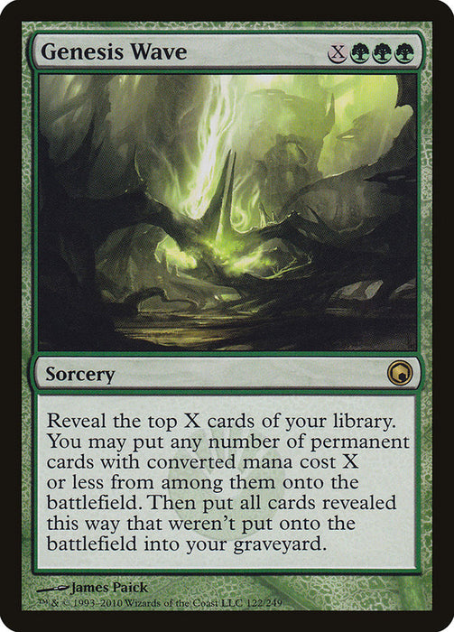 The Magic: The Gathering card "Genesis Wave [Scars of Mirrodin]" is a rare Sorcery that showcases green, swirling energy waves emanating from a central point. It requires X and three green mana, revealing and potentially casting the top X cards of your library. The artwork is created by James Paick.