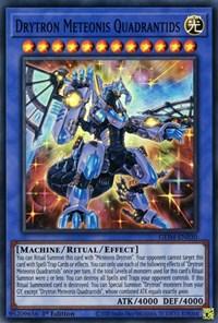 Image of a Yu-Gi-Oh! Super Rare trading card, titled "Drytron Meteonis Quadrantids [GEIM-EN030]". The card displays a mechanical, blue-armored warrior with wings, outlined in yellow light, set against a celestial, starry background. Text at the bottom details its machine/ritual/effect attributes. ATK/4000 DEF/4000.