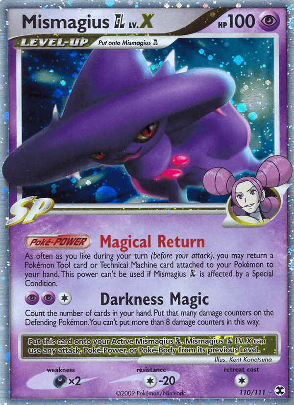 A Holo Rare Pokémon card from the Platinum: Rising Rivals set, featuring Mismagius GL LV.X (110/111) [Platinum: Rising Rivals] with 100 HP. Mismagius, a ghostly figure in a purple hat and cloak, boasts abilities like 