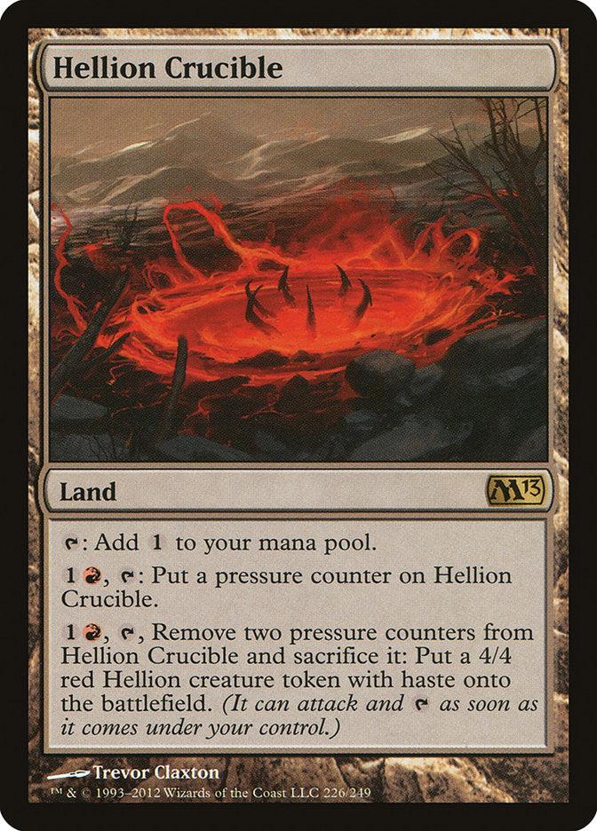 Magic: The Gathering's "Hellion Crucible" from Magic 2013 is a Land card depicting a fiery landscape. It generates colorless mana and uses counters to create a red Hellion creature token. Illustration by Trevor Claxton.