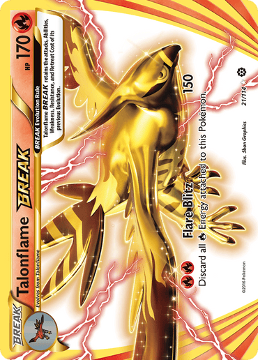 A Pokémon trading card featuring Talonflame BREAK (21/114) [XY: Steam Siege] from the Pokémon series. The predominantly yellow card crackles with electric sparks. Talonflame is depicted in a gold, majestic eagle-like form with spread wings and 170 HP. It details moves like Flare Blitz and special abilities. Illustrated by 5ban Graphics.