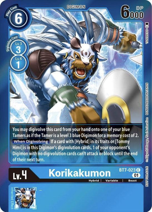 A promo Digimon card featuring Korikakumon [BT7-023] (Event Pack 3) [Next Adventure Promos]. The card is blue with a metallic sheen, showcasing a bear-like Hybrid Digimon in blue and white armor wielding a mace. It details a play cost of 6, a Digivolve cost of 3, and a power level of 6000. Text describes Korikakumon's abilities and evolution criteria.