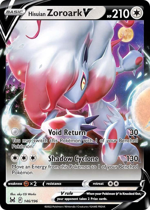 A Hisuian Zoroark V (146/196) [Sword & Shield: Lost Origin] Pokémon card with 210 HP from the Sword & Shield: Lost Origin set. The card showcases Hisuian Zoroark with swirling white hair, red eyes, and a fierce expression. It details two attacks: Void Return (30 damage) and Shadow Cyclone (130 damage). Numbered 146/196.