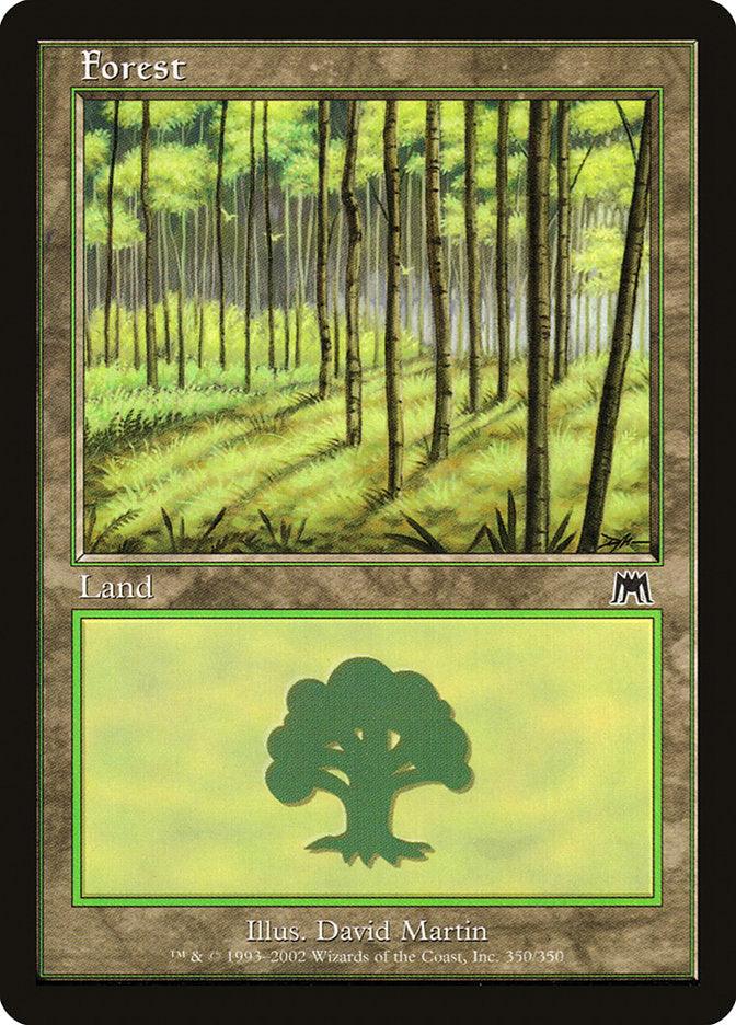 A Magic: The Gathering card titled "Forest (350) [Onslaught]" showcases David Martin's artwork of a lush forest illuminated by sunlight streaming through the canopy. At the bottom, a green tree symbol is displayed on a lighter green background, indicating its classification as Basic Land.