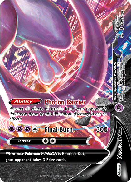A Pokémon trading card featuring Mewtwo V-Union (SWSH162) [Sword & Shield: Black Star Promos] from Pokémon. Mewtwo appears in a dynamic pose with a glowing purple aura against a vibrant cityscape background. The Psychic card displays its Ability "Photon Barrier" and the move "Final Burn," which deals 300 damage. When knocked out, the opponent takes 3 Prize cards.