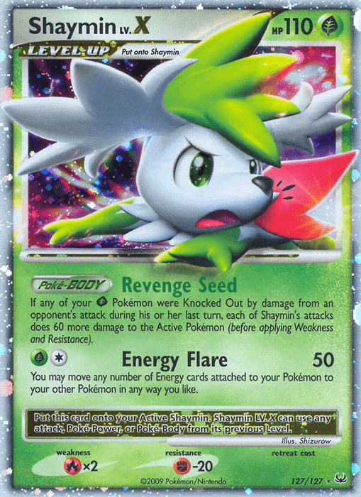 A holographic Pokémon card from the Platinum: Base Set featuring the Ultra Rare **Shaymin LV.X (127/127) [Platinum: Base Set]** with 110 HP. Shaymin appears as a small, white creature with green accents and a flower on its head, looking determined. The card details include "Revenge Seed" and "Energy Flare" attacks, displayed below the image.