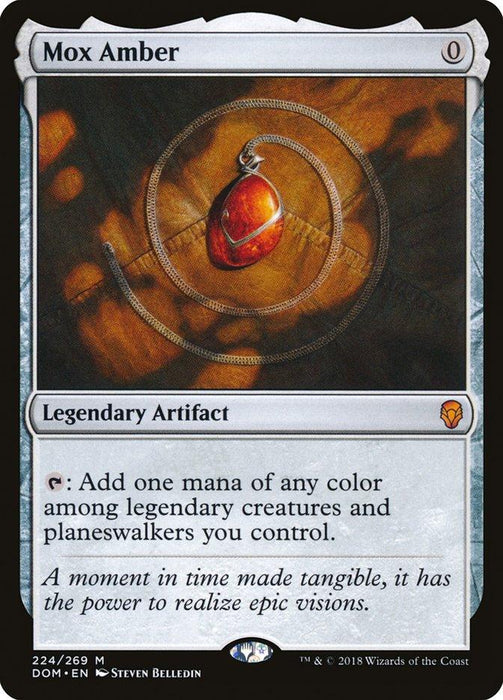 Image of the Magic: The Gathering product "Mox Amber [Dominaria]," a legendary artifact from Magic: The Gathering. The product costs 0 mana, featuring a mesmerizing amber gemstone pendant on a chain. The text reads: "Tap: Add one mana of any color among legendary creatures and planeswalkers you control.