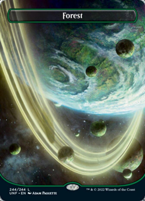 A "Magic: The Gathering" card titled "Forest (244) (Orbital Space-ic Land) [Unfinity]" from Magic: The Gathering. This Basic Land features artwork by Adam Paquette, depicting a cosmic landscape with green, spherical planets surrounded by glowing rings of light against a backdrop of stars. The card is numbered 244/244 and shows set information and artist credit.