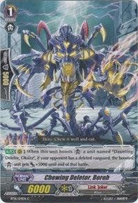 An intricate card with a detailed image of an armored, multi-limbed alien-like creature holding a scythe. The card's text includes the name "Chewing Deletor, Boroh (BT16/124EN) [Legion of Dragons and Blades ver.E]," its stats, and effects. This common card from the Legion of Dragons and Blades set by Bushiroad features a sci-fi landscape with an ominous, dark atmosphere.