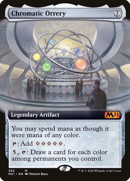 Image of a Magic: The Gathering card named "Chromatic Orrery (Extended Art) [Core Set 2021]." This Mythic card from Core Set 2021 has a cost of 7 generic mana. The artwork features a large orrery with orbiting colorful spheres, surrounded by robed figures. Labeled as a "Legendary Artifact," its abilities include spending mana as if it were any color, adding 5 colorless