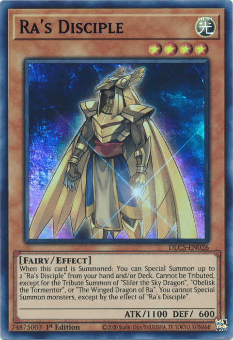 A Yu-Gi-Oh! trading card titled "Ra's Disciple (Blue) [DLCS-EN026]" Ultra Rare, featuring a humanoid character wearing a golden headdress and intricate gold armor with a red sash, standing against a blue, mystical background. The character's face is obscured. The card has 1100 ATK and 600 DEF with detailed effect text.