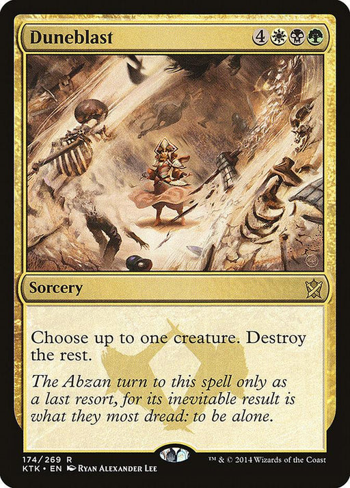 Magic: The Gathering card titled "Duneblast [Khans of Tarkir]," a rare sorcery with mana cost symbols for 4 generic, 1 white, 1 black, and 1 green. The illustration shows an Abzan warrior in armor amid a sandstorm with skeletal remains. Below the art, the text reads: "Choose up to one creature. Destroy the rest.
