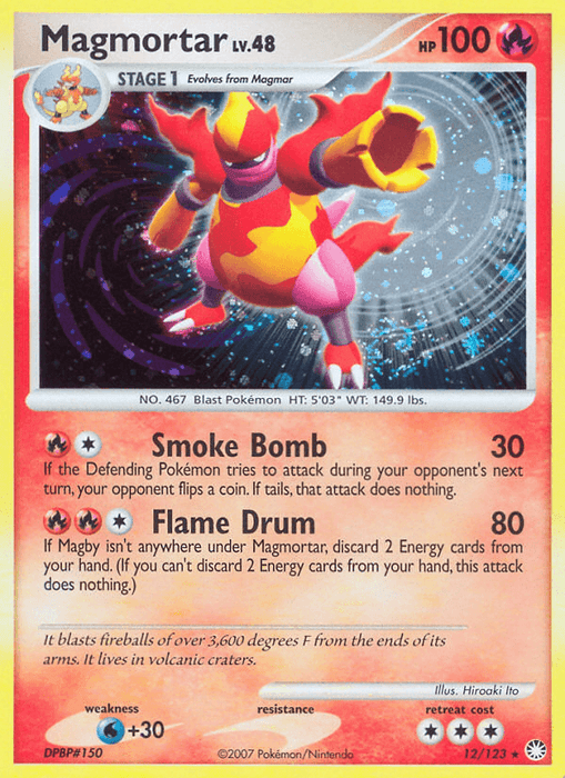 Image of a Pokémon trading card featuring Magmortar, a Fire-type from the Diamond & Pearl: Mysterious Treasures set. This Holo Rare card, Magmortar (12/123) [Diamond & Pearl: Mysterious Treasures] by Pokémon, details Magmortar, Lv. 48, with 100 HP. Attacks: Smoke Bomb (30 damage) and Flame Drum (80 damage). It's weak to Water with +30 resistance and requires two Energy cards. Text and illustration