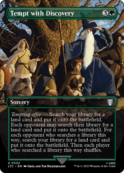 An illustration of a group of adventurers, reminiscent of those in "The Lord of the Rings: Tales of Middle-Earth," standing near a large tree, studying maps and various documents. One points into the distance. The Magic: The Gathering card, ideal for Commander decks, is titled "Tempt with Discovery (Borderless) [The Lord of the Rings: Tales of Middle-Earth Commander].