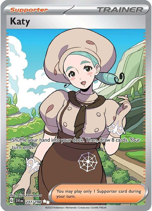 A Pokémon Trading Card Game card from the Scarlet & Violet Base Set features Katy, a woman with green hair in a ponytail. She's wearing a pink hat with mushrooms, a puff-sleeved blouse, and a brown necktie. The card text reads, "Shuffle your hand into your deck. Then, draw 8 cards. Your turn ends." Below, it mentions one Supporter card per Pokémon Katy (237/198) [Scarlet & Violet: Base Set].