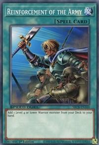 A "Yu-Gi-Oh!" Normal Spell card titled "Reinforcement of the Army [SBCB-EN160] Common." The artwork showcases a brave, blonde-haired knight in armor, sword raised high, leading two soldiers into battle. The card text reads, "Add 1 Level 4 or lower Warrior monster from your Deck to your hand," perfect for Speed Duel: Battle City Box.