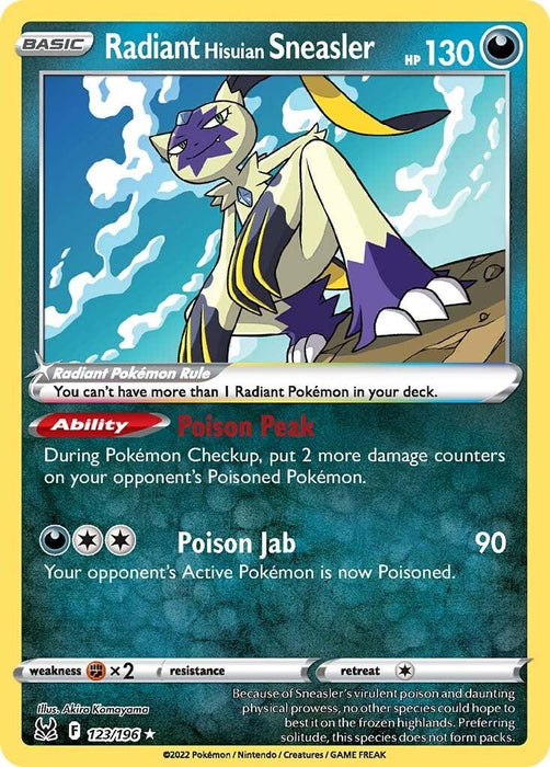 A Pokémon trading card featuring **Radiant Hisuian Sneasler (123/196) [Sword & Shield: Lost Origin]** from the **Pokémon** series. It's a Basic Darkness Type Pokémon card with 130 HP. The character abilities include "Poison Peak" and an attack called "Poison Jab" that deals 90 damage. As an Ultra Rare, its number is 123/196.