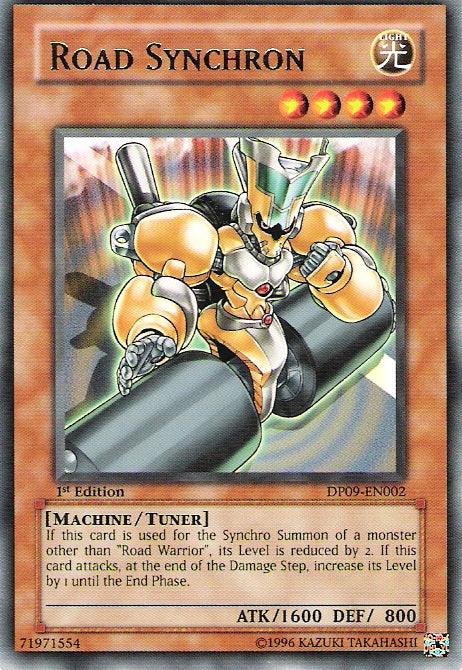 A Yu-Gi-Oh! trading card titled "Road Synchron [DP09-EN002] Rare." It features a humanoid robot with yellow and white armor riding a green, futuristic vehicle. As a Machine/Tuner Monster, 1st Edition, it boasts 1600 ATK and 800 DEF. Found in Duelist Pack 9, it includes an effect description and serial number: 71971554.