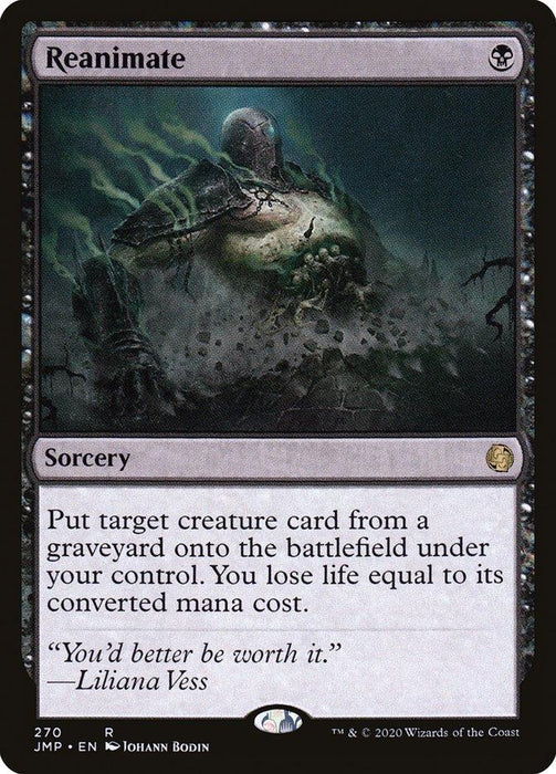 The Reanimate [Jumpstart] Magic: The Gathering card, a rare sorcery from the Jumpstart set, features a dark, eerie scene of a skeletal figure emerging from the ground, enveloped by green mist. The card text reads: “Put target creature card from a graveyard onto the battlefield under your control. You lose life equal to its converted mana cost.”