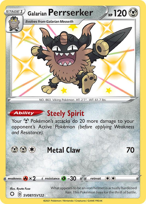 A Pokémon Trading Card from the Sword & Shield series featuring Galarian Perrserker. The **Galarian Perrserker (SV087/SV122) [Sword & Shield: Shining Fates]** card shows a spiky-furred, gray, cat-like creature with a fierce expression, holding a large black sword. With an HP of 120 and the ability "Steely Spirit," it attacks with "Metal Claw" for 70 damage. Illustrated by Ryuta Fuse.