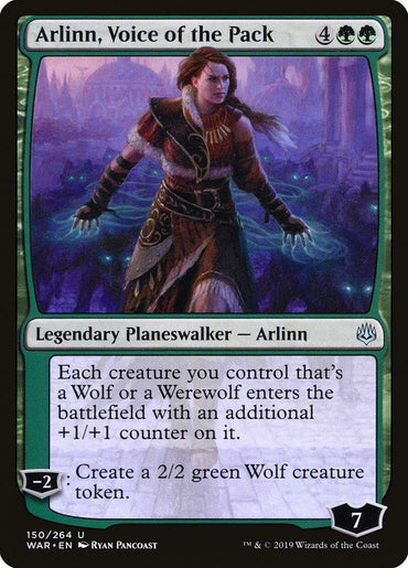 This is an illustration of the Magic: The Gathering card "Arlinn, Voice of the Pack" from the War of the Spark set. It portrays Arlinn, a Legendary Planeswalker with striking red hair and wearing fur armor. The green-bordered card showcases abilities related to Wolves and Werewolves, such as generating Wolf creature tokens. Her loyalty level is 7.