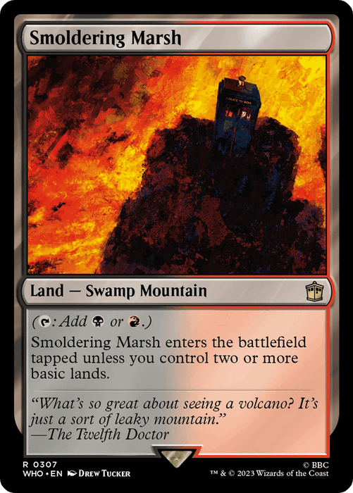 The image is a rare Magic: The Gathering card named "Smoldering Marsh [Doctor Who]." It depicts a volcanic landscape with a ruined structure on the right. The sky is filled with smoke and red hues. The card type is "Land — Swamp Mountain," and the card's abilities are described in the text box below the image.