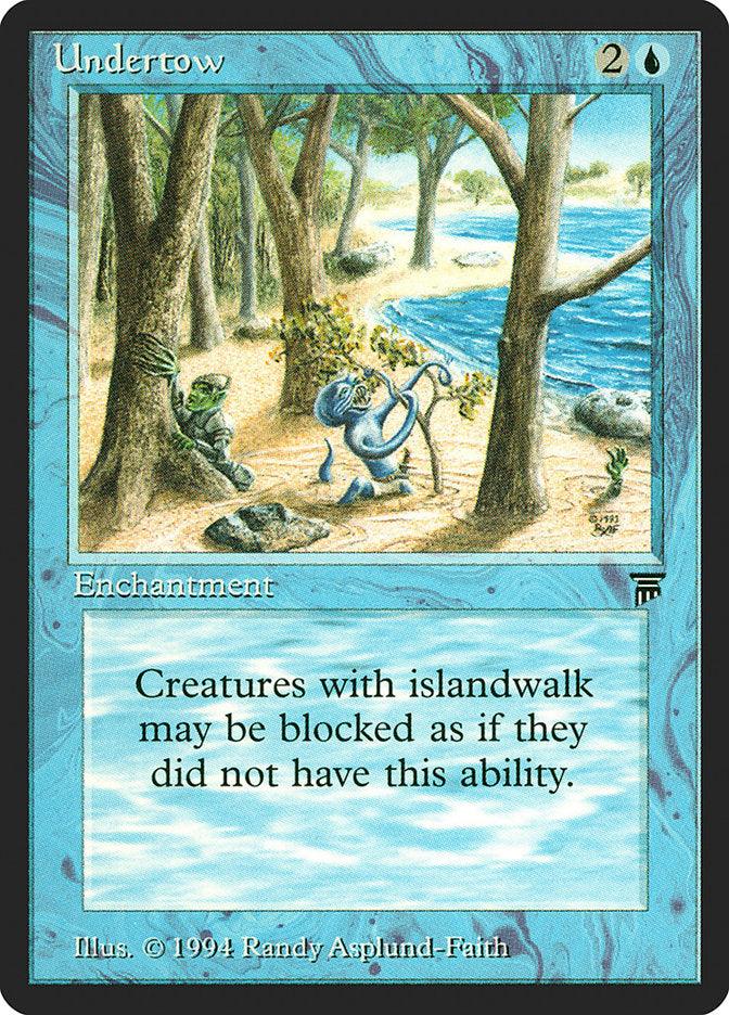 The Magic: The Gathering card "Undertow [Legends]" features an intriguing illustration of a winding river bordered by a lush forest. A creature is caught in the strong current, and the islandwalk text indicates that these creatures can be blocked as though they do not possess this ability.