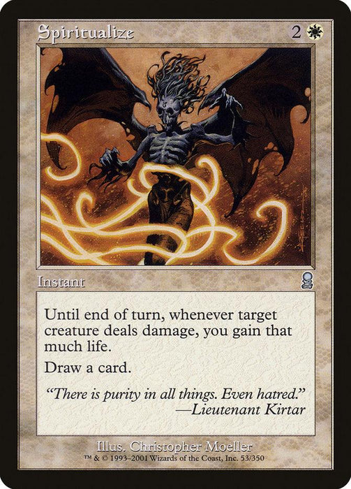 A Magic: The Gathering instant card from the Odyssey set, Spiritualize [Odyssey] has a casting cost of 2 colorless mana and 1 white mana. The art shows a ghostly figure with wings and flowing energy. Until end of turn, whenever target creature deals damage, you gain that much life. Draw a card.
