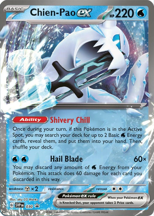 A Pokémon trading card featuring Chien-Pao ex (030) [Scarlet & Violet: Black Star Promos] from Pokémon. The Water-type Pokémon has 220 HP and shows an ice-themed creature with blue and white fur, sharp icicles, and green glowing eyes. The abilities displayed are Shivery Chill and Hail Blade. The frosty background has blue and white accents.