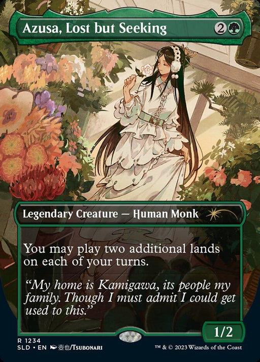 A Magic: The Gathering card featuring "Azusa, Lost but Seeking (Borderless) [Secret Lair Drop Series]." Azusa, an elegantly dressed female monk, is in a lush garden with various flowers. As a Legendary Creature from Kamigawa, she allows playing two additional lands each turn. The card stats are 1/2.