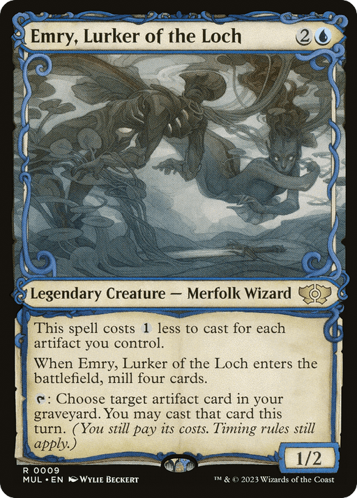 A Magic: The Gathering card named "Emry, Lurker of the Loch [Multiverse Legends]." This rare, Legendary Creature card features a Merfolk Wizard holding a glowing artifact. With a blue border, it has a casting cost of 2 colorless and 1 blue mana and abilities related to artifact casting. Emry boasts power/toughness of 1/2.