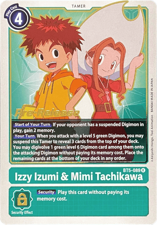 Product Review: The Izzy Izumi & Mimi Tachikawa [BT5-089] card from the Digimon Battle of Omni Pre-Release Promos features iconic characters, with Izzy on the left in an orange hoodie and Mimi on the right in her classic pink attire. This card emphasizes Digivolve mechanics, marked by a purple level 4 Tamer icon.