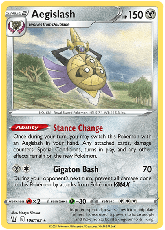 A Pokémon product titled "Aegislash (108/163) [Sword & Shield: Battle Styles]" from the Pokémon brand, boasting 150 HP. It evolves from Doublade and features a sword and shield-themed Pokémon. Its abilities include "Stance Change" and "Gigaton Bash," dealing 70 damage. The card has a yellow border and is labeled 108/163.