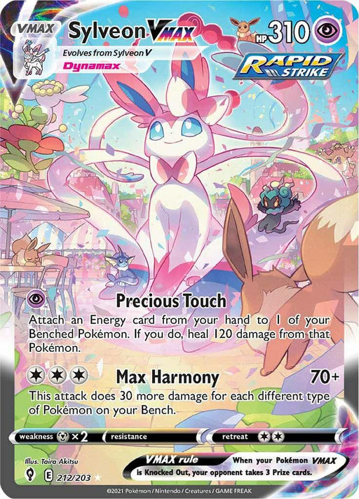 A Pokémon Sylveon VMAX (212/203) [Sword & Shield: Evolving Skies] from the Rapid Strike series in *Evolving Skies*. Sylveon is depicted with a light-pink, blue, and white color scheme, standing majestically with nature and a rainbow in the background. The card showcases its Precious Touch and Max Harmony abilities.