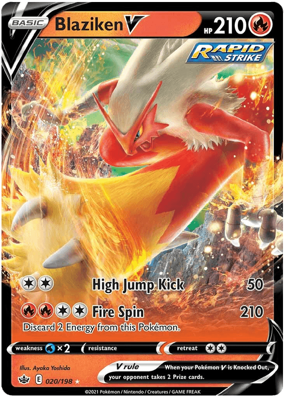 A Pokémon card featuring Blaziken V (020/198) [Sword & Shield: Chilling Reign], a fiery, bird-like Pokémon from the Sword & Shield: Chilling Reign set. This Ultra Rare card has 210 HP and the Rapid Strike label. Moves include High Jump Kick (50 damage) and Fire Spin (210 damage, discard 2 Energy). The card's dynamic illustration captures Blaziken in action.