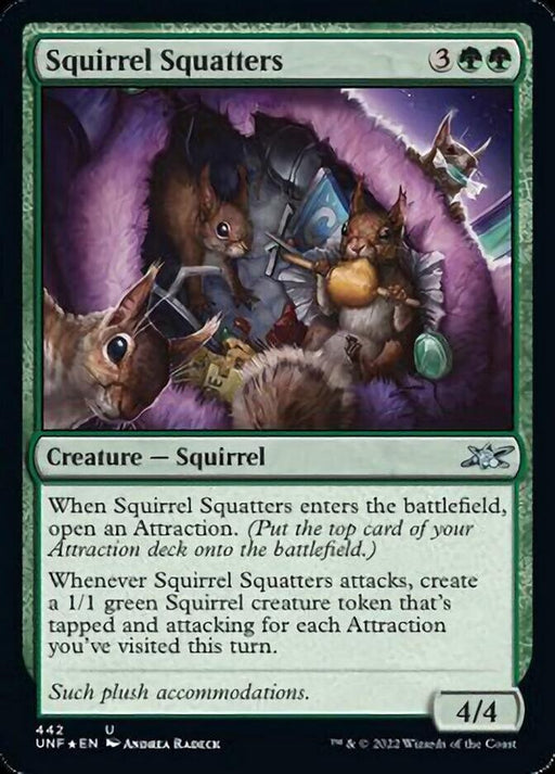 A Magic: The Gathering card titled "Squirrel Squatters (Galaxy Foil) [Unfinity]", this green Squirrel creature depicts five squirrels rummaging through a bag in the forest, surrounded by shiny objects. The card has a green border, casting cost of 3 green mana, and power/toughness of 4/4. The text describes its abilities in an Attraction deck.