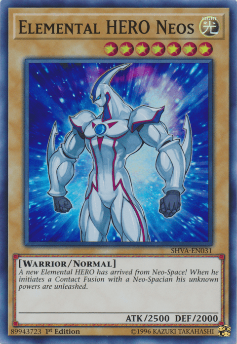 A Yu-Gi-Oh! Elemental HERO Neos [SHVA-EN031] Super Rare trading card featuring 