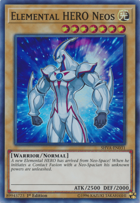 A Yu-Gi-Oh! Elemental HERO Neos [SHVA-EN031] Super Rare trading card featuring "Elemental HERO Neos." The card depicts a muscular, white humanoid with blue markings and a red gem on its chest, standing in a dynamic pose with a space-like background. As an Elemental HERO 1st Edition Warrior/Normal monster with 2500 ATK and 2000 DEF, it’s ready for Contact Fusion.