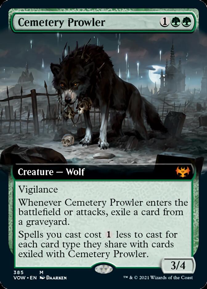 In the mysterious atmosphere of a foggy, ruined cemetery, the Cemetery Prowler (Extended Art) from Magic: The Gathering creeps among shattered tombstones, holding a bone in its mouth. This mythic Wolf card from Innistrad: Crimson Vow exudes unmatched vigilance and features unique abilities.